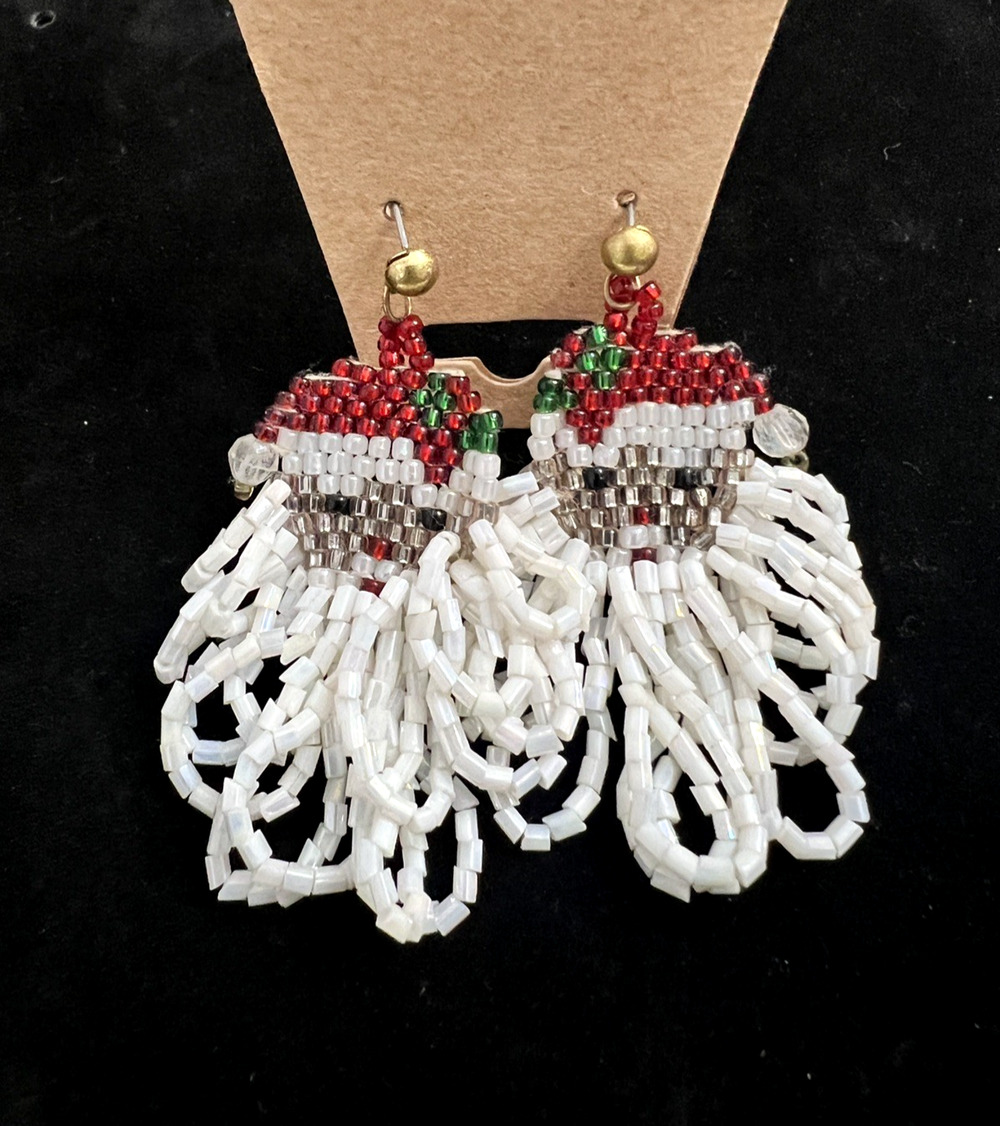 Santa Claus Hand Beaded Pierced Earrings Glitzy Red & White Beard & Hat 2.5"